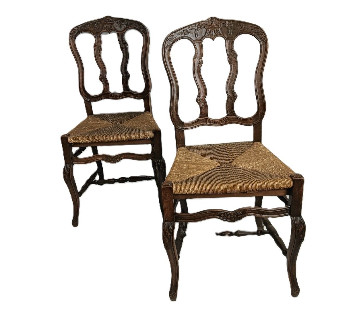 Furniture Antique Wood Louis XV Style Cane Rush Seat Dining Chairs  Pair French Elegant photo