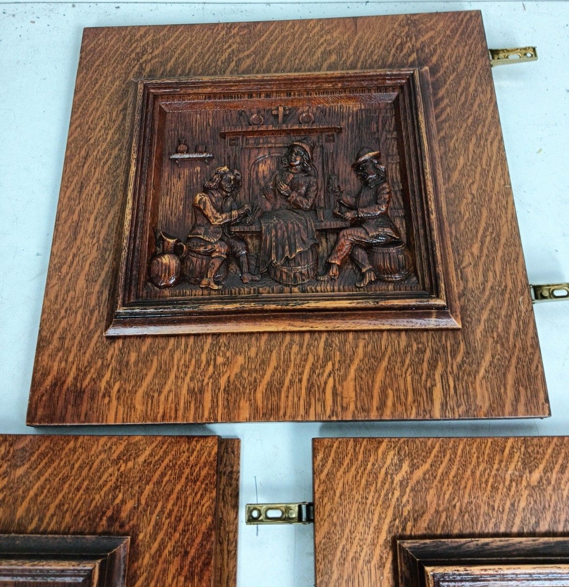 Set Of 3door Panels Vintage Carved Wood Bar Scenes Bas Relief Reclaimed Architec photo vinterior