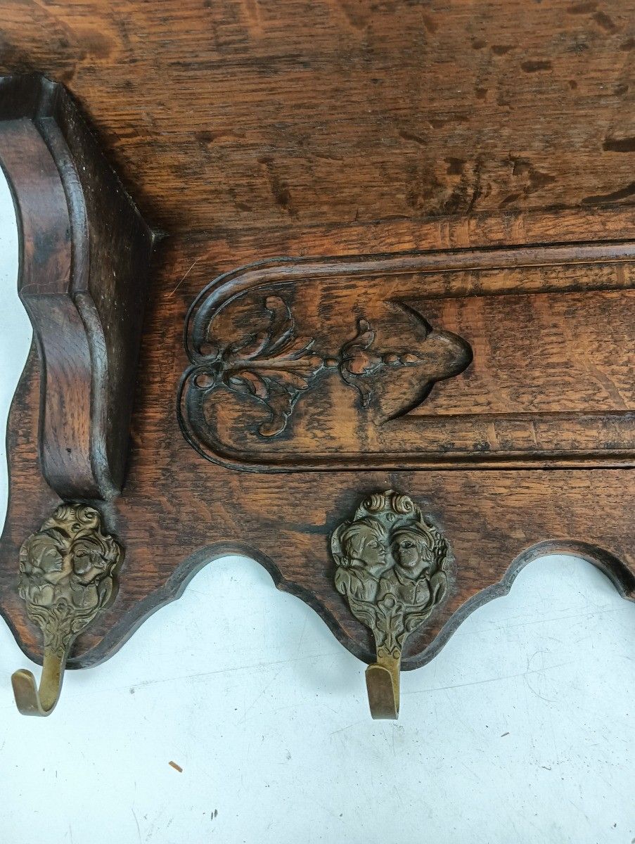 Hand Carved Wood Antique Coat Hat Kitchen Hallway Rack Ornate 8 Hooks Large photo for sale