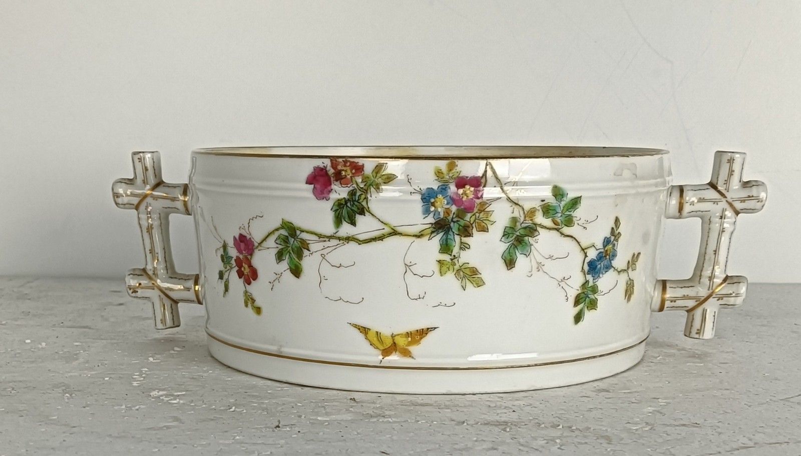Victorian Antique Hand Painted Porcelain Serving Bowl Jardiniere Flower Pot Faux