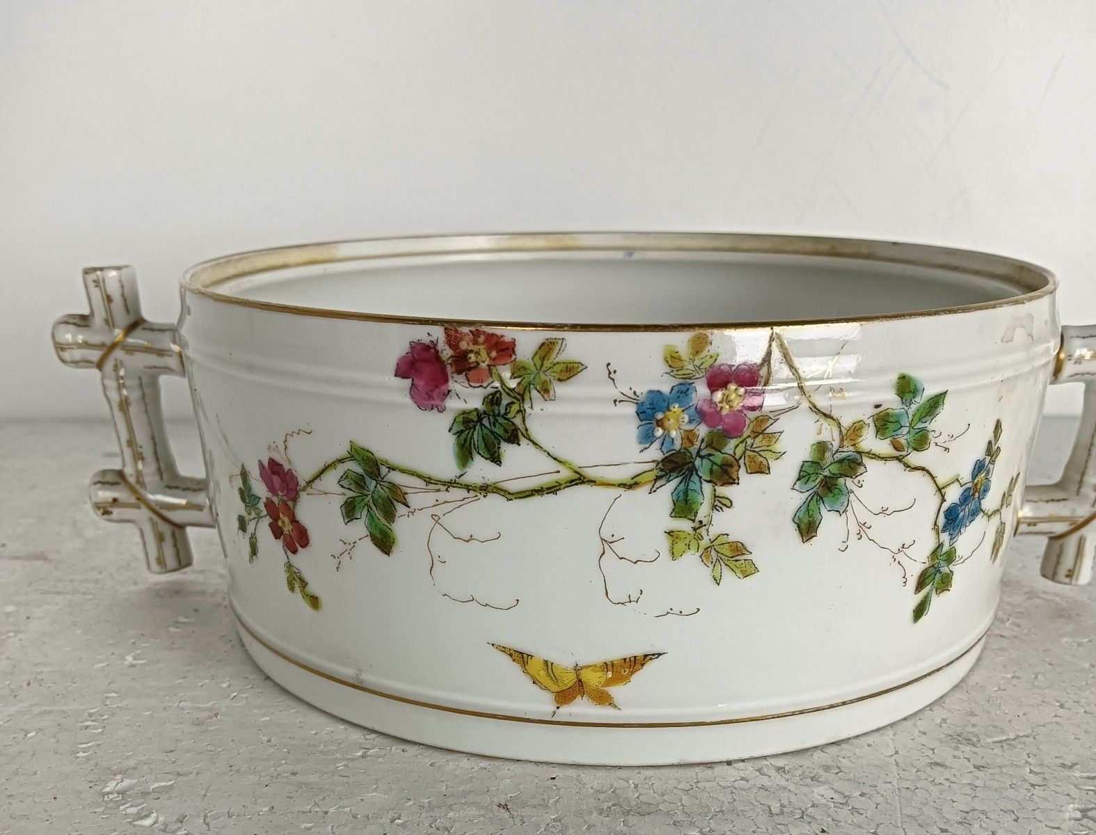 Victorian Antique Hand Painted Porcelain Serving Bowl Jardiniere Flower Pot Faux photo for sale
