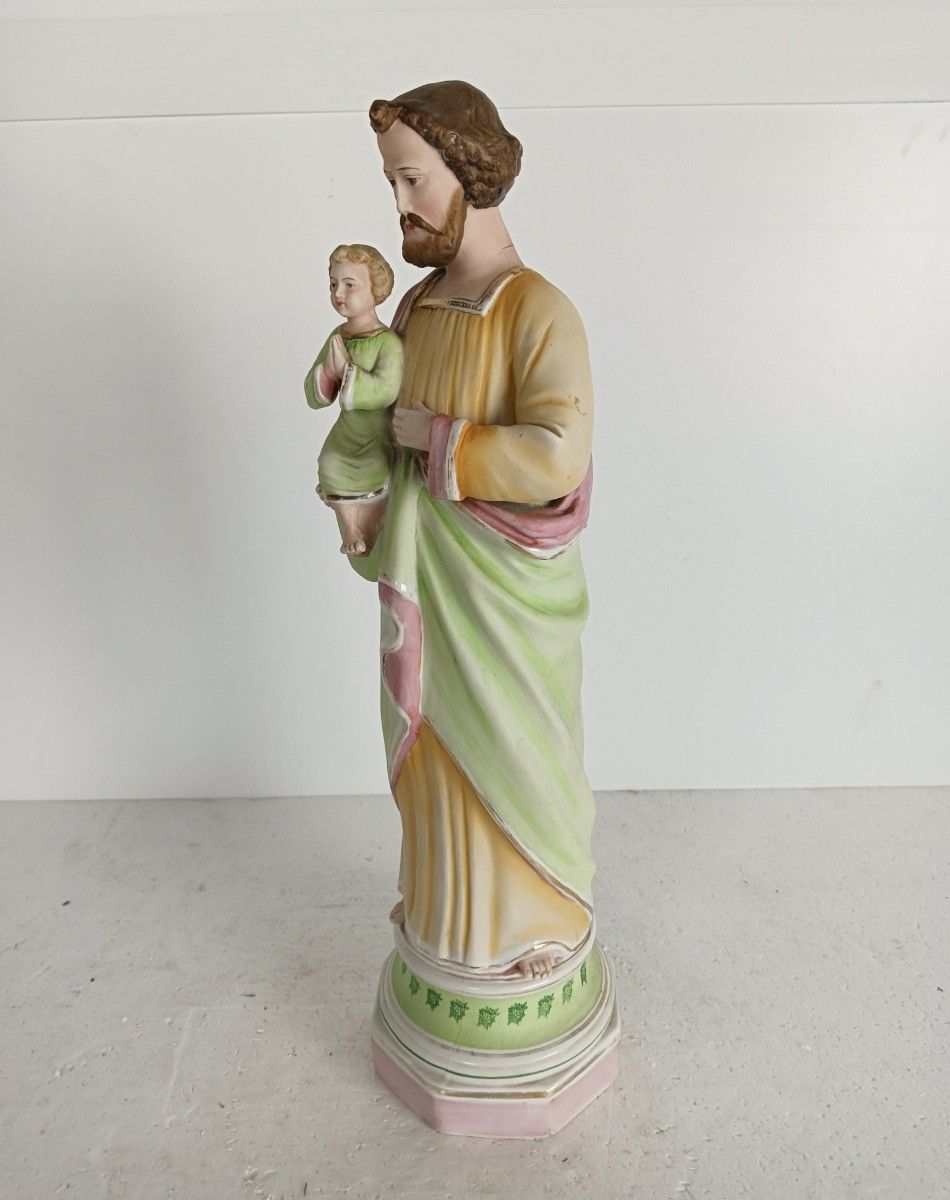 Vintage Statue Saint Joseph Protector Of Homes Bisque Porcelain Polychrome photo for sale