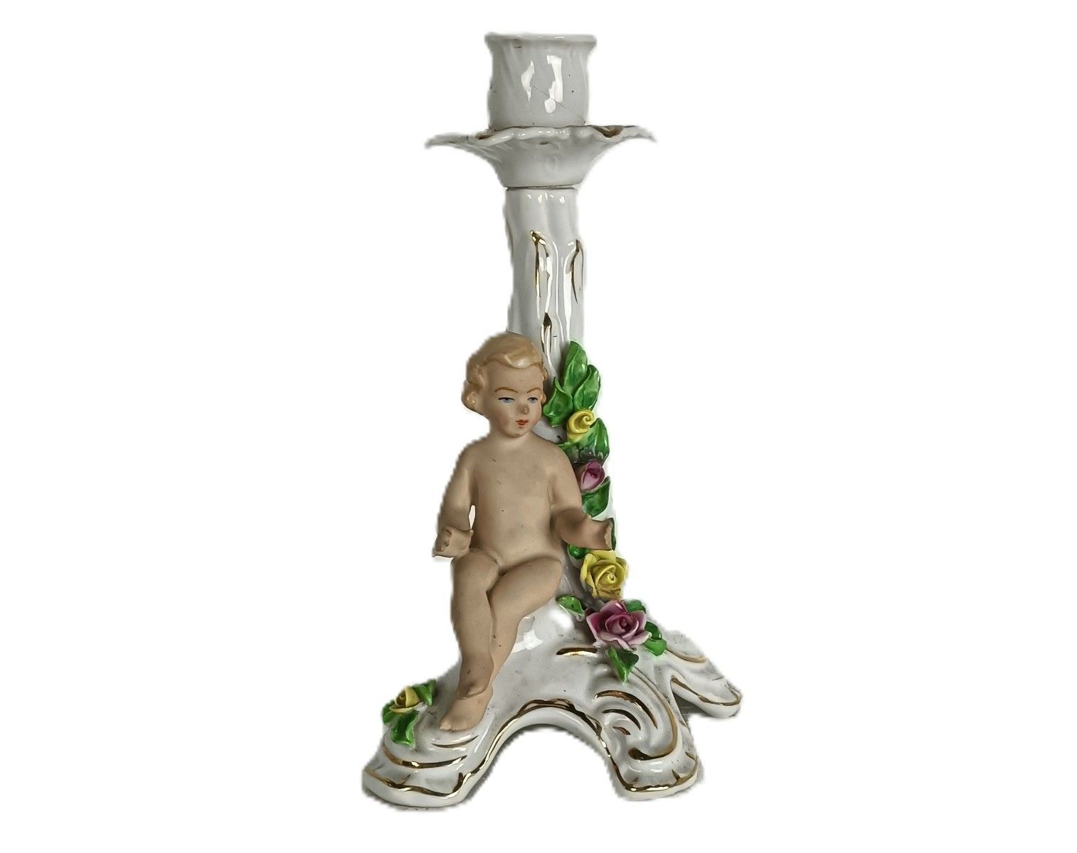 Dresden Porcelain Candle Stick Holder  Putti Rosebuds Germany Rococo Style Vinta photo for sale
