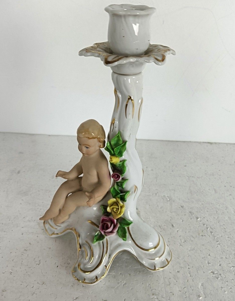 Dresden Porcelain Candle Stick Holder  Putti Rosebuds Germany Rococo Style Vinta photo vinterior