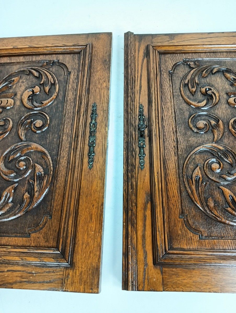 Two Large Door Panels Hand Carved Wood Ornate Reclaimed Architectural photo for sale