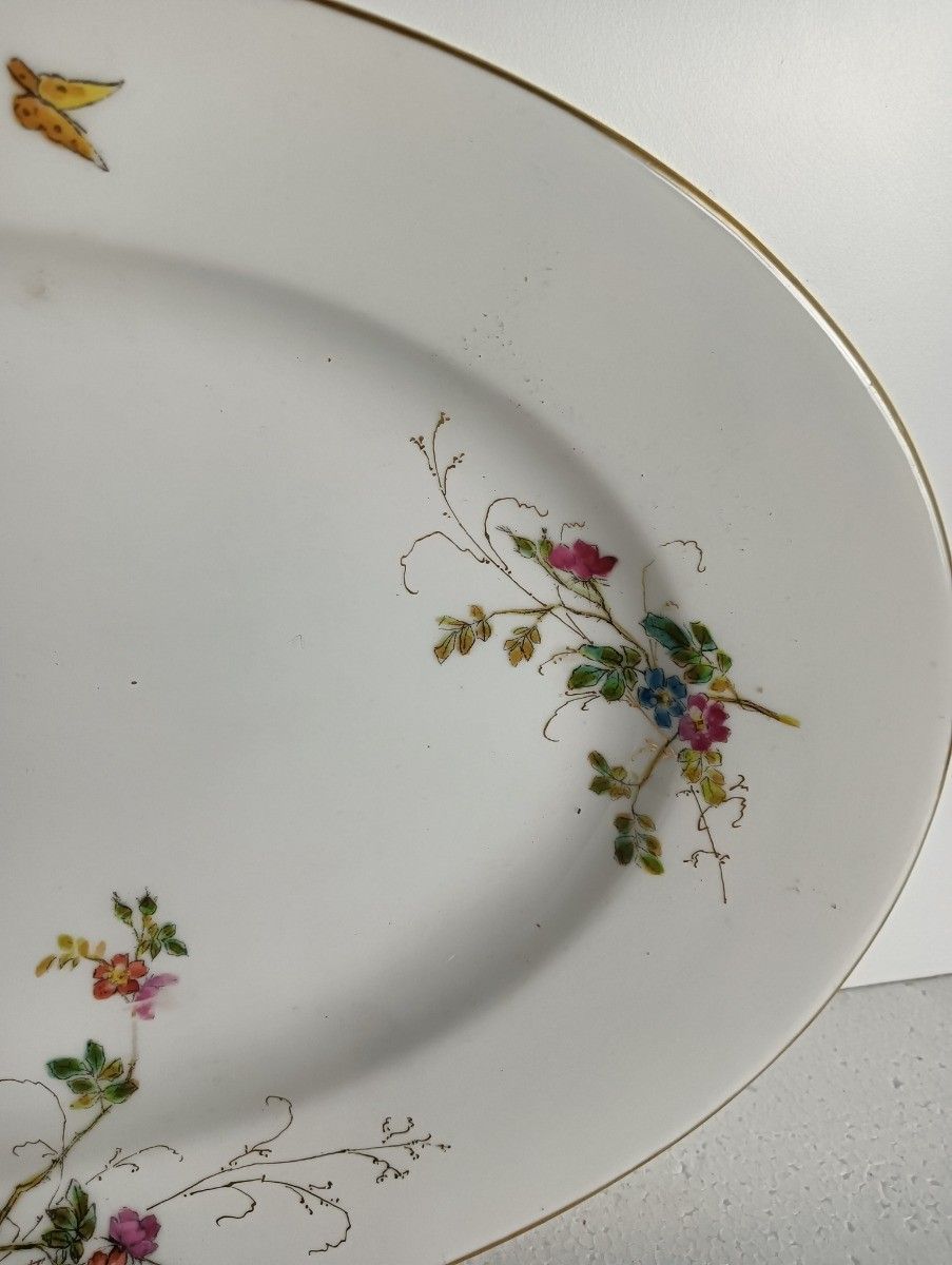 Large Victorian Antique 19th Century Serving Oval Dish Hand Painted Flowers Butt photo 157.0