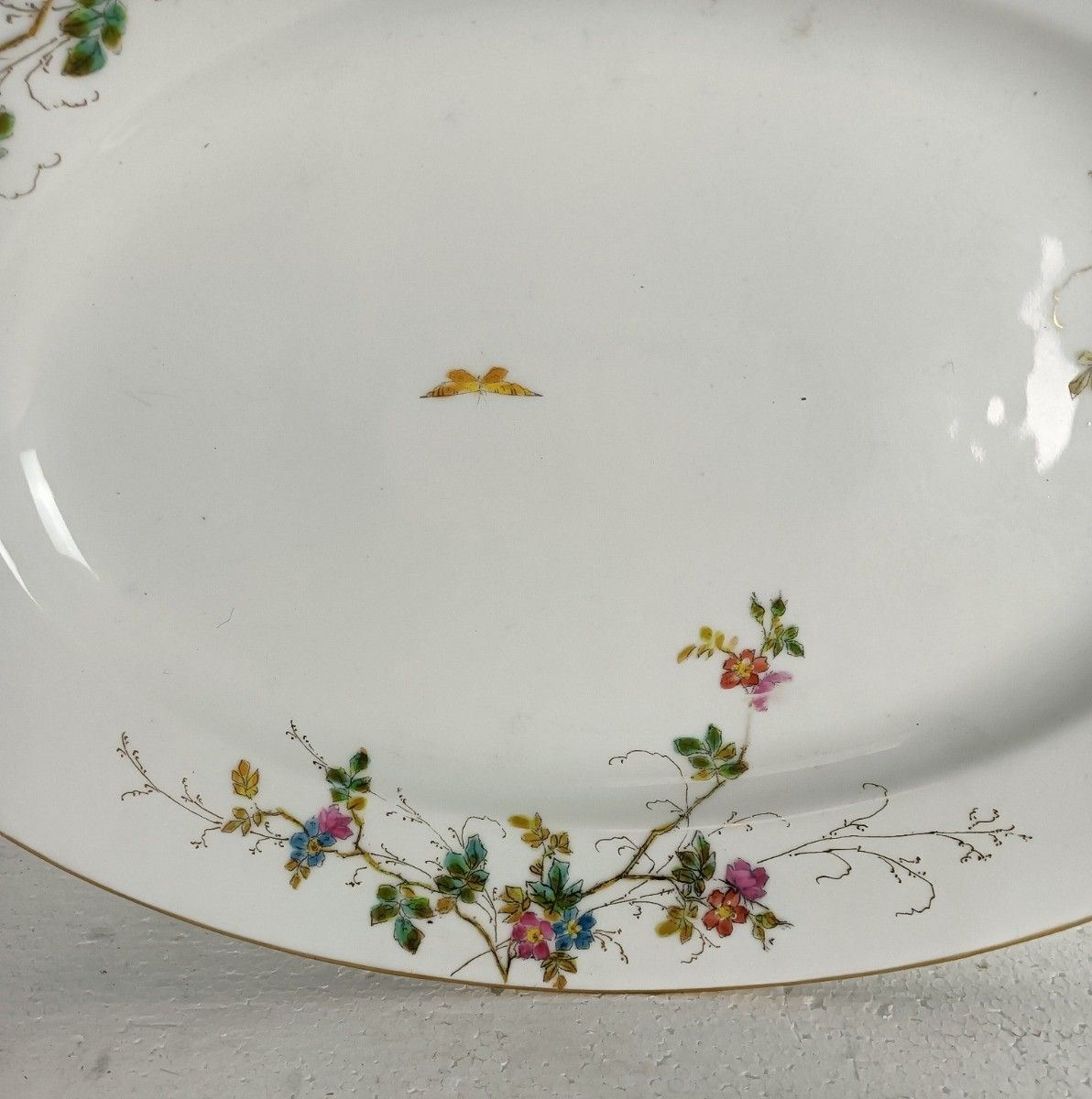 Large Victorian Antique 19th Century Serving Oval Dish Hand Painted Flowers Butt photo buy
