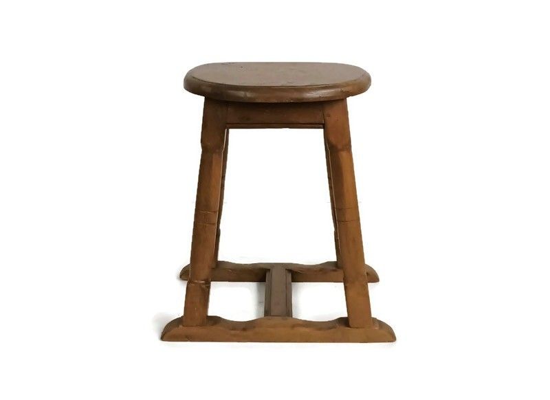 Antique Oak Carved Wood Stool Pedestal Barn Style
