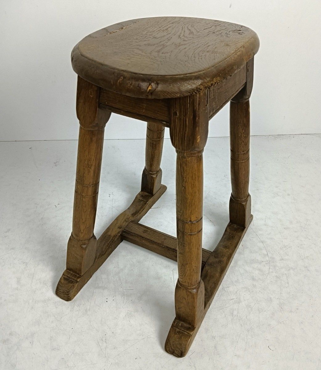 Antique Oak Carved Wood Stool Pedestal Barn Style photo 225.0