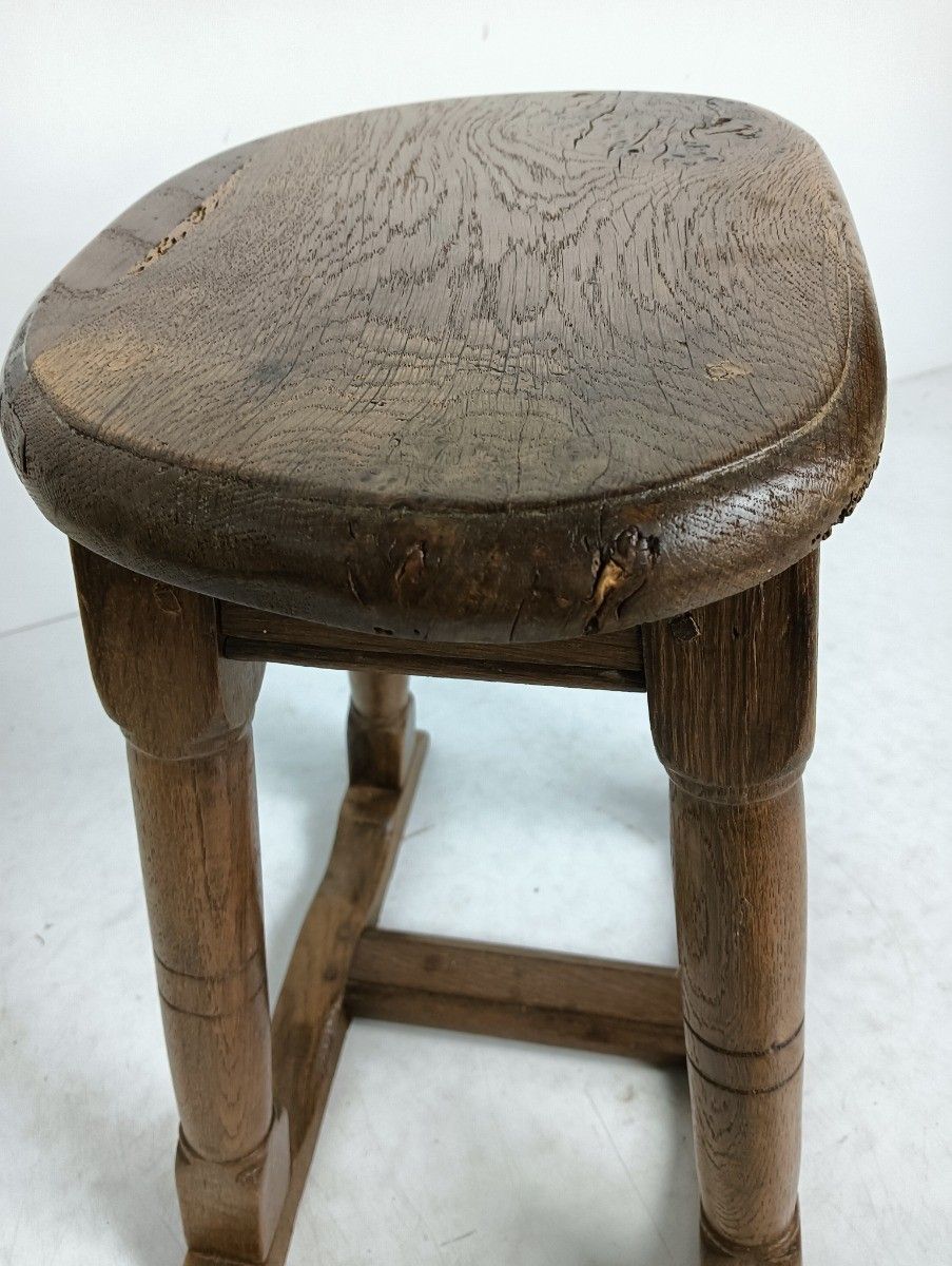 Antique Oak Carved Wood Stool Pedestal Barn Style photo vinterior