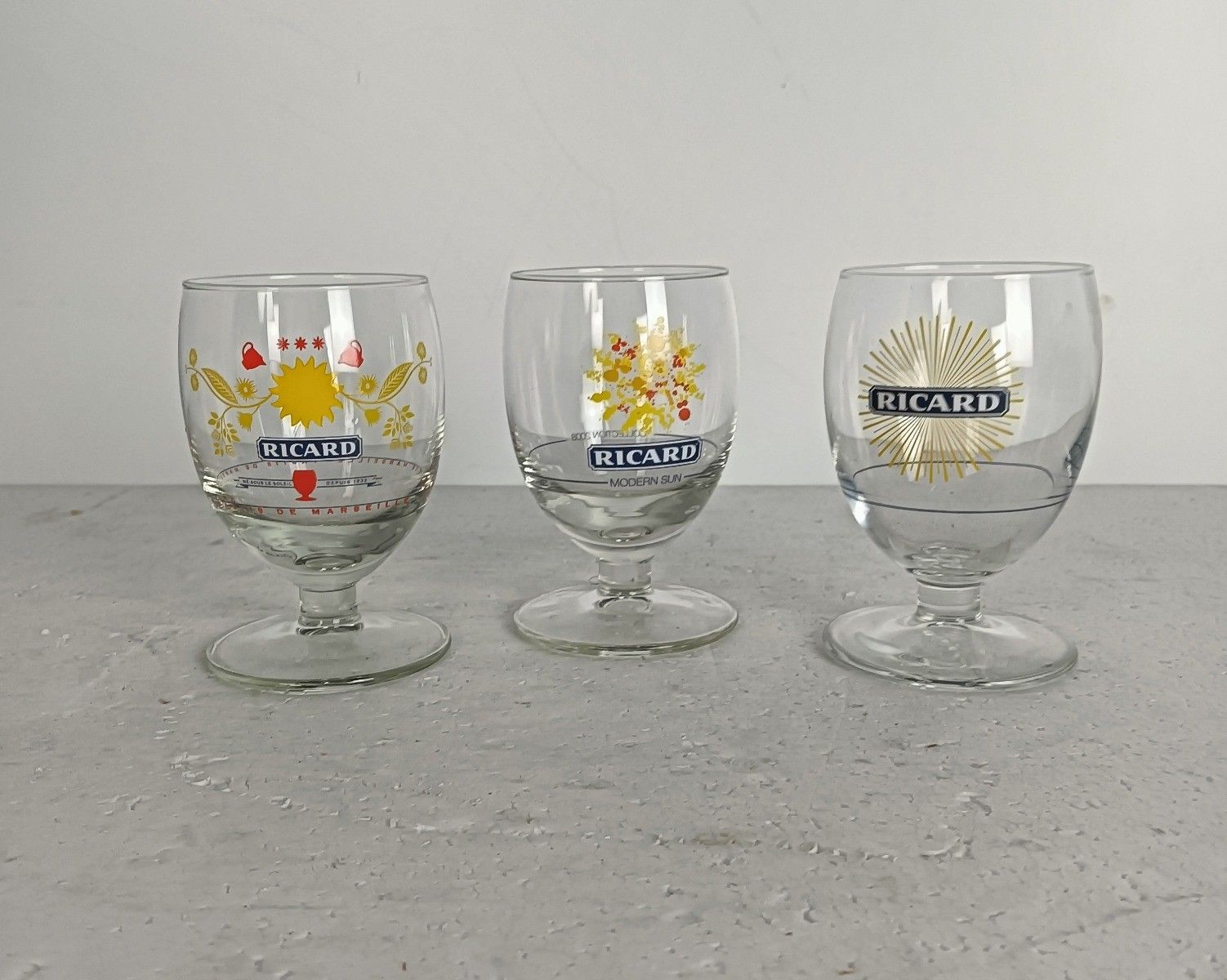Collection Of 3 Different French Ricard Glasses Pastis Apero France Collector
