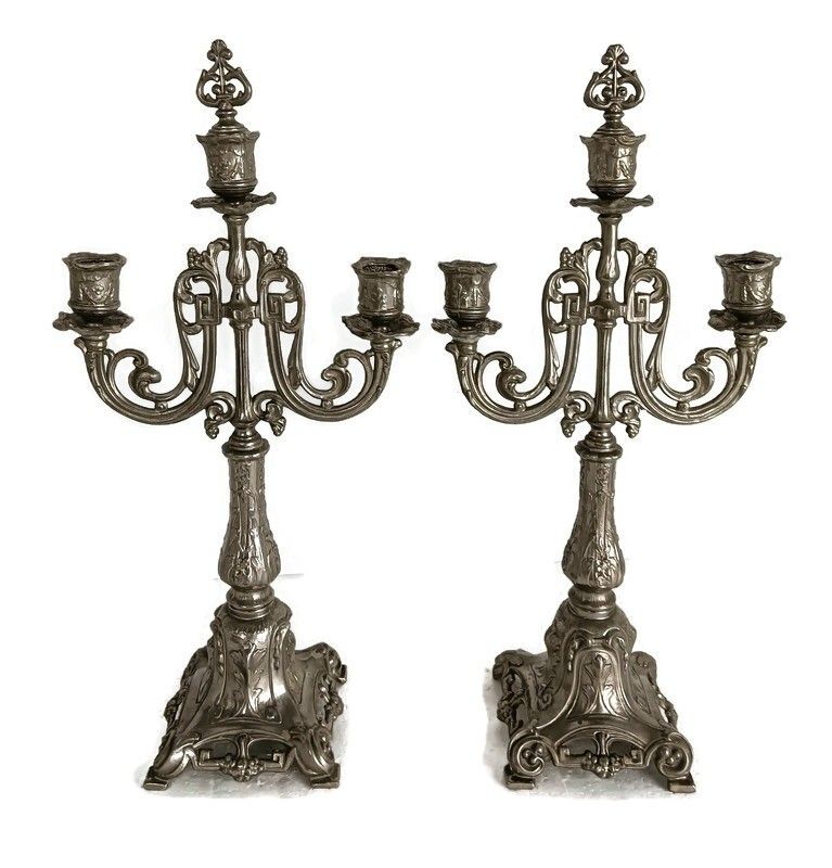 Couple Vintage Candelabra 3 Arm Spelter Candle Sticks Modernist Rococo Style photo furniture