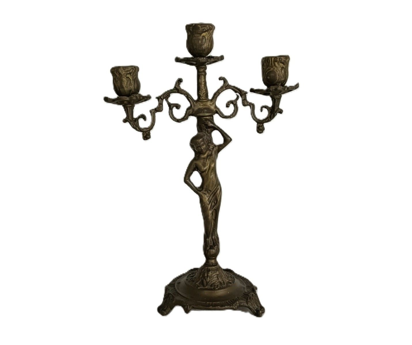 Vintage Spelter Modernist Candelabra 3 Arm Candle Stick Female Figurine