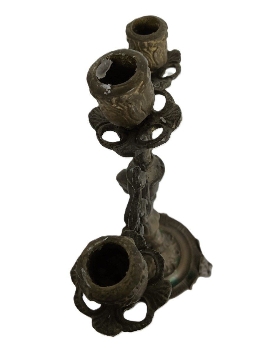 Vintage Spelter Modernist Candelabra 3 Arm Candle Stick Female Figurine photo vinterior