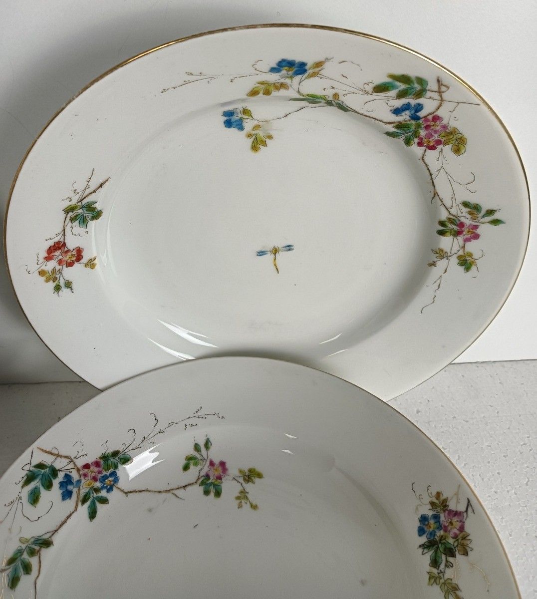Set Of 6 Victorian Antique 19th Century Soup Plates Hand Painted Flowers Butterf photo for sale