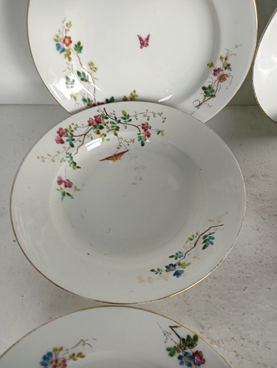 Set Of 6 Victorian Antique 19th Century Soup Plates Hand Painted Flowers Butterf photo vinterior