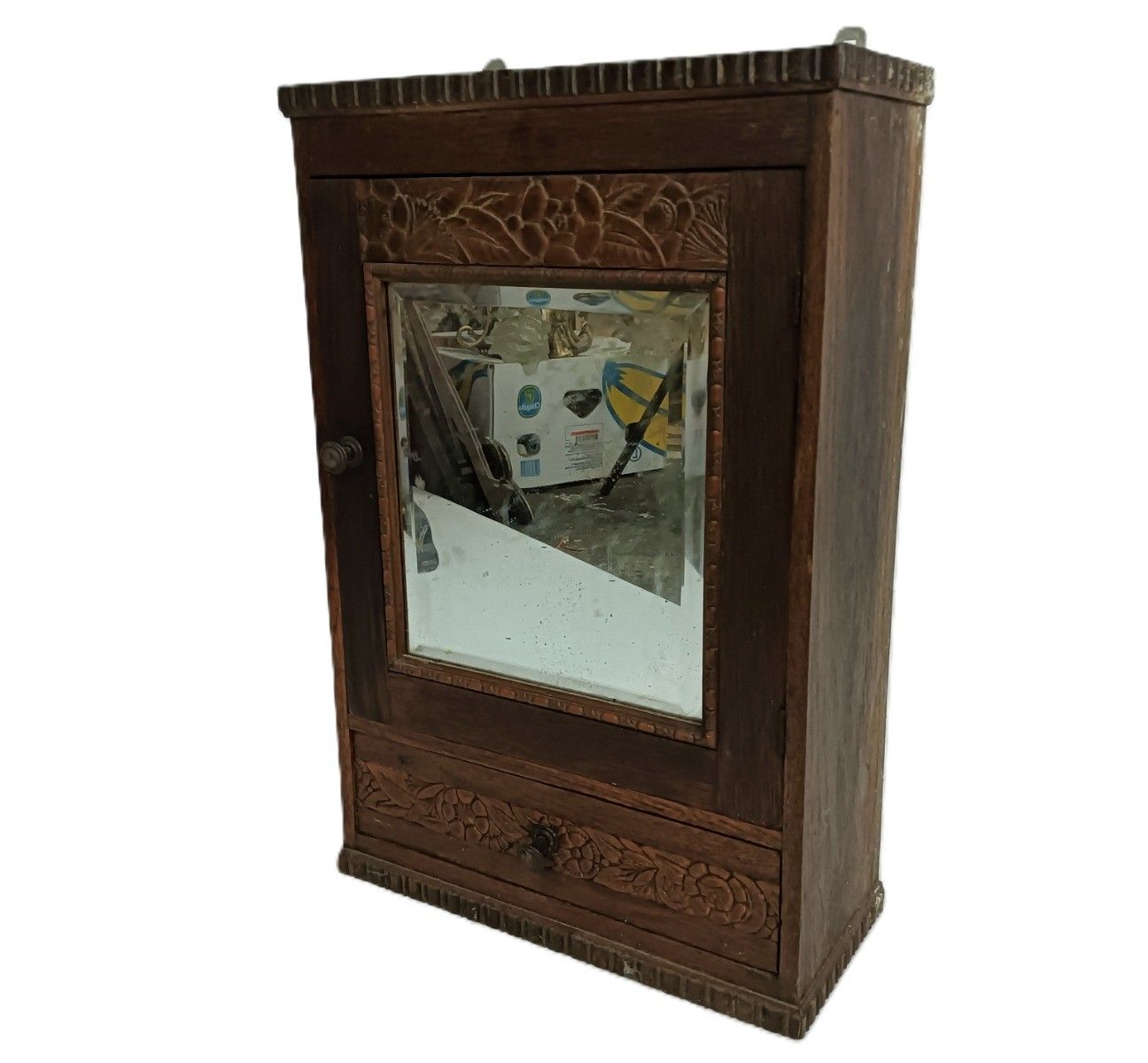 photo furniture Antique Wall Hanging Medicine Shaving Cabinet Wood Beveled Glass Ornate