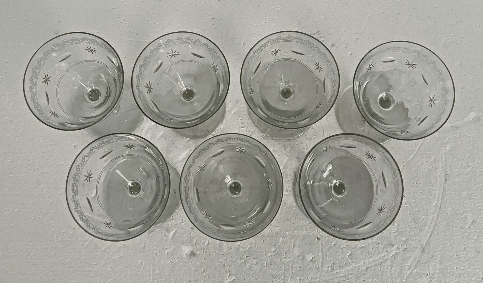 Set Of 7  Champagne Glasses Goblet Hock Cut To Clear Etched  Glass Antique photo 359.0
