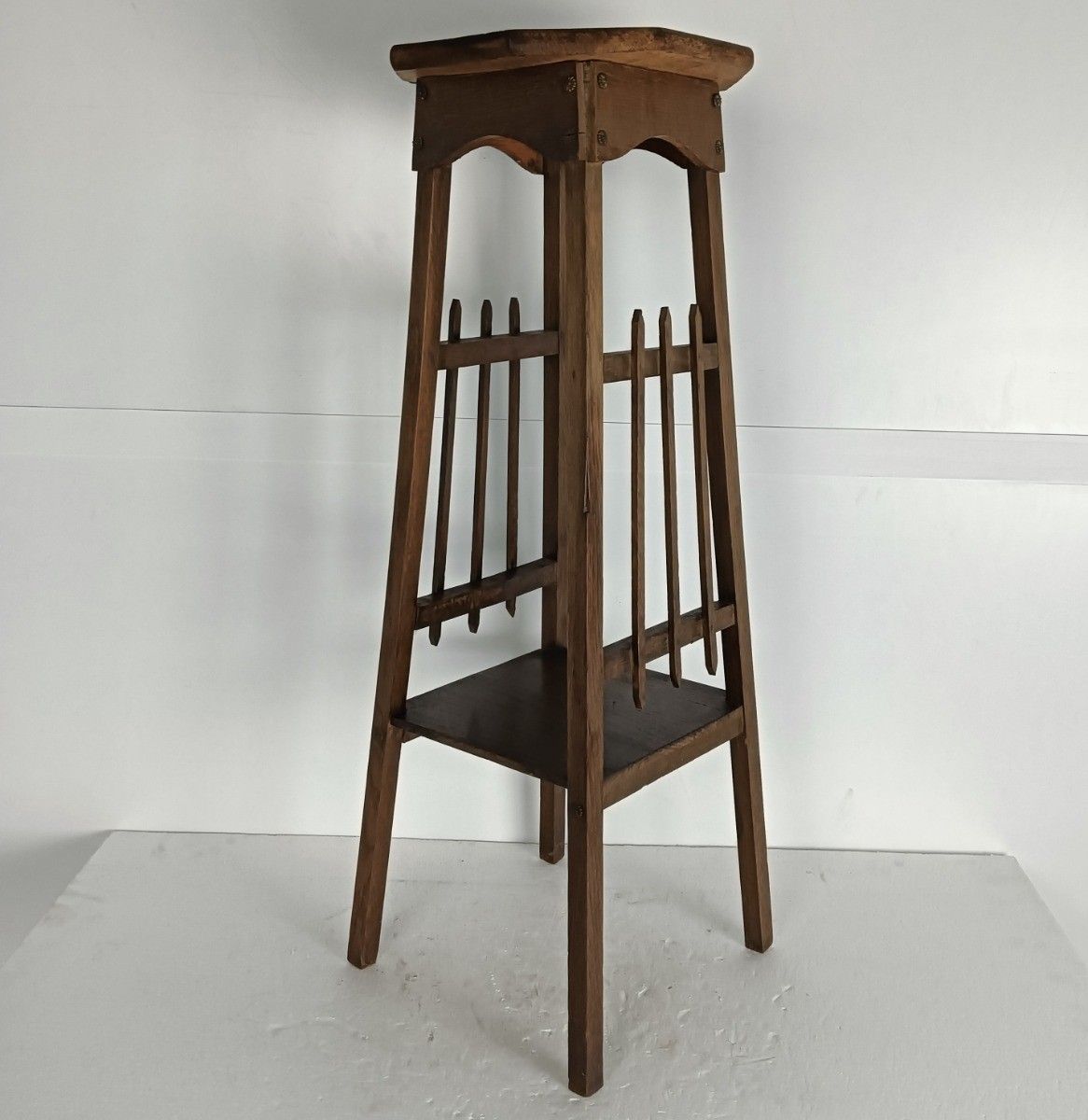 Antique Pedestal Plant Stand With Bars Wood Side Table Barn Style Two Tier photo furniture