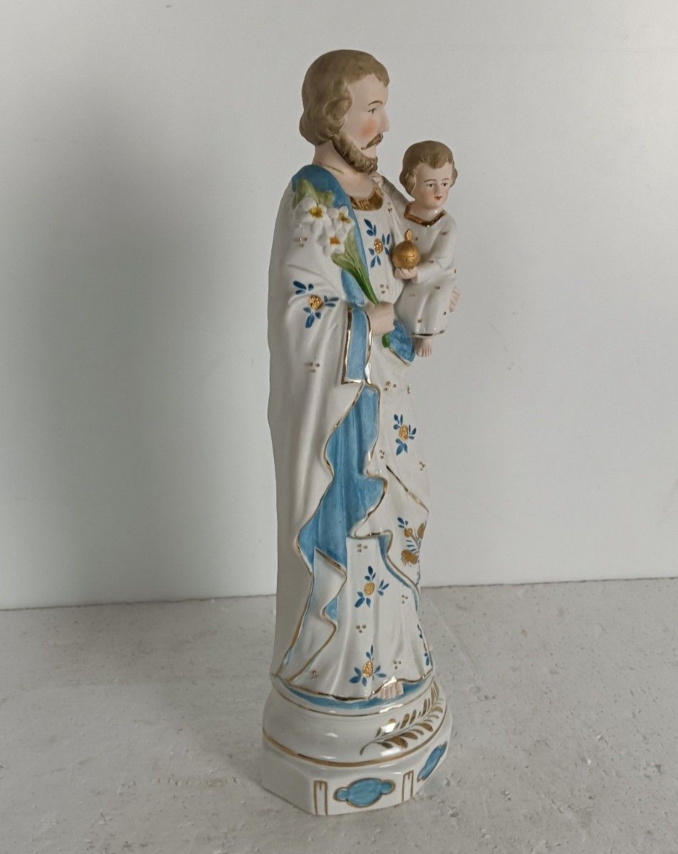 Antique Statue Saint Joseph Protector Of Homes Infant Jesus Bisque Porcelain Pol photo for sale