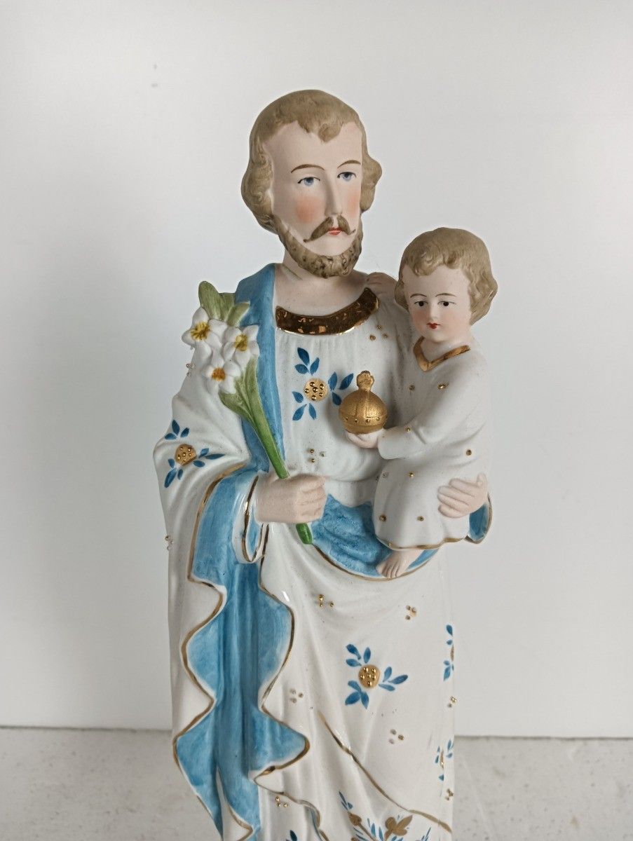 Antique Statue Saint Joseph Protector Of Homes Infant Jesus Bisque Porcelain Pol photo Art
