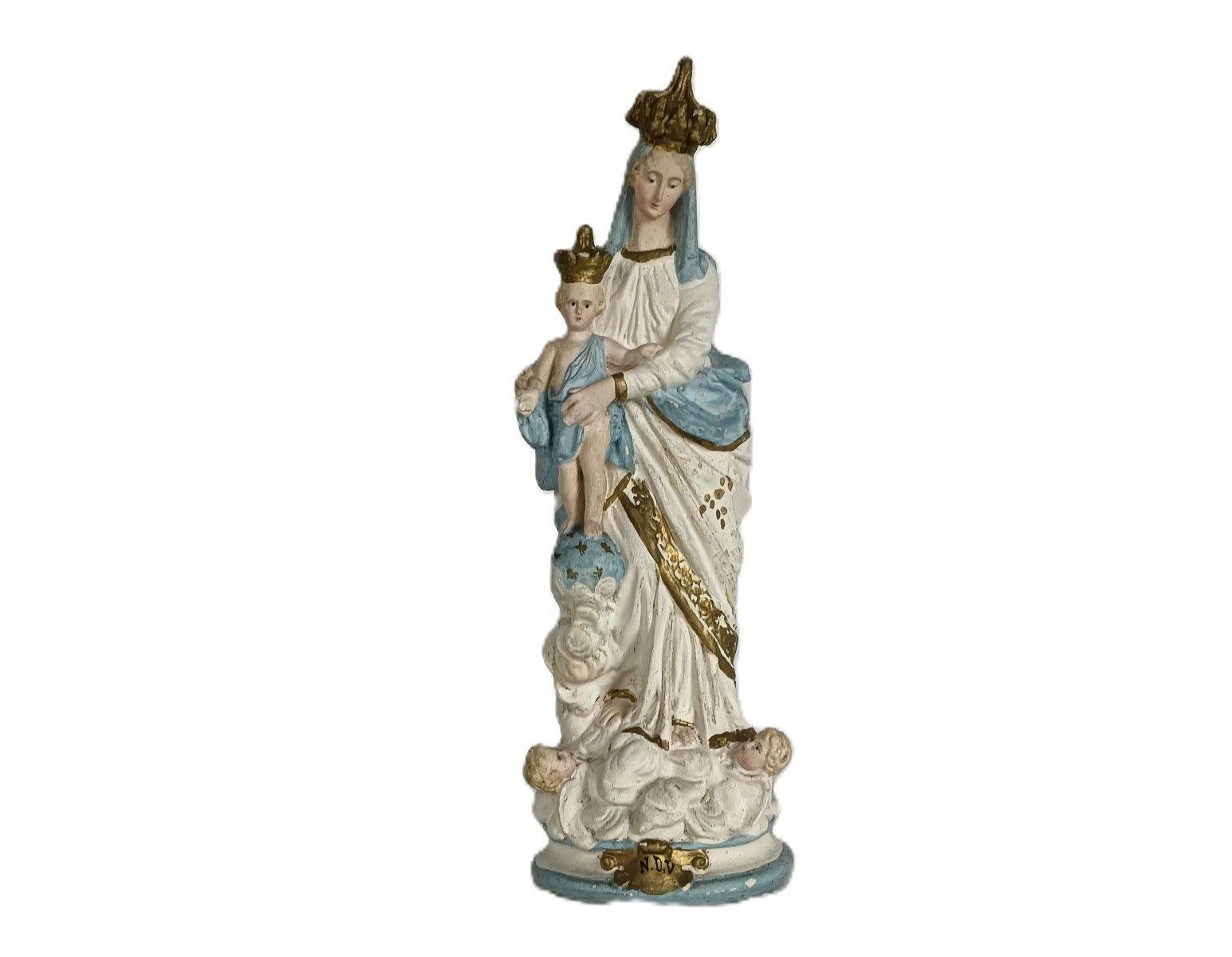 Antique Neo Gothic Statue Plaster Polychrome Our Lady Of Victory With Infant Jes