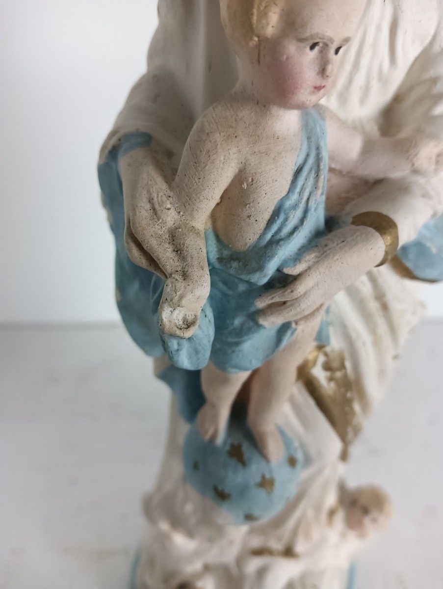 Antique Neo Gothic Statue Plaster Polychrome Our Lady Of Victory With Infant Jes photo for sale