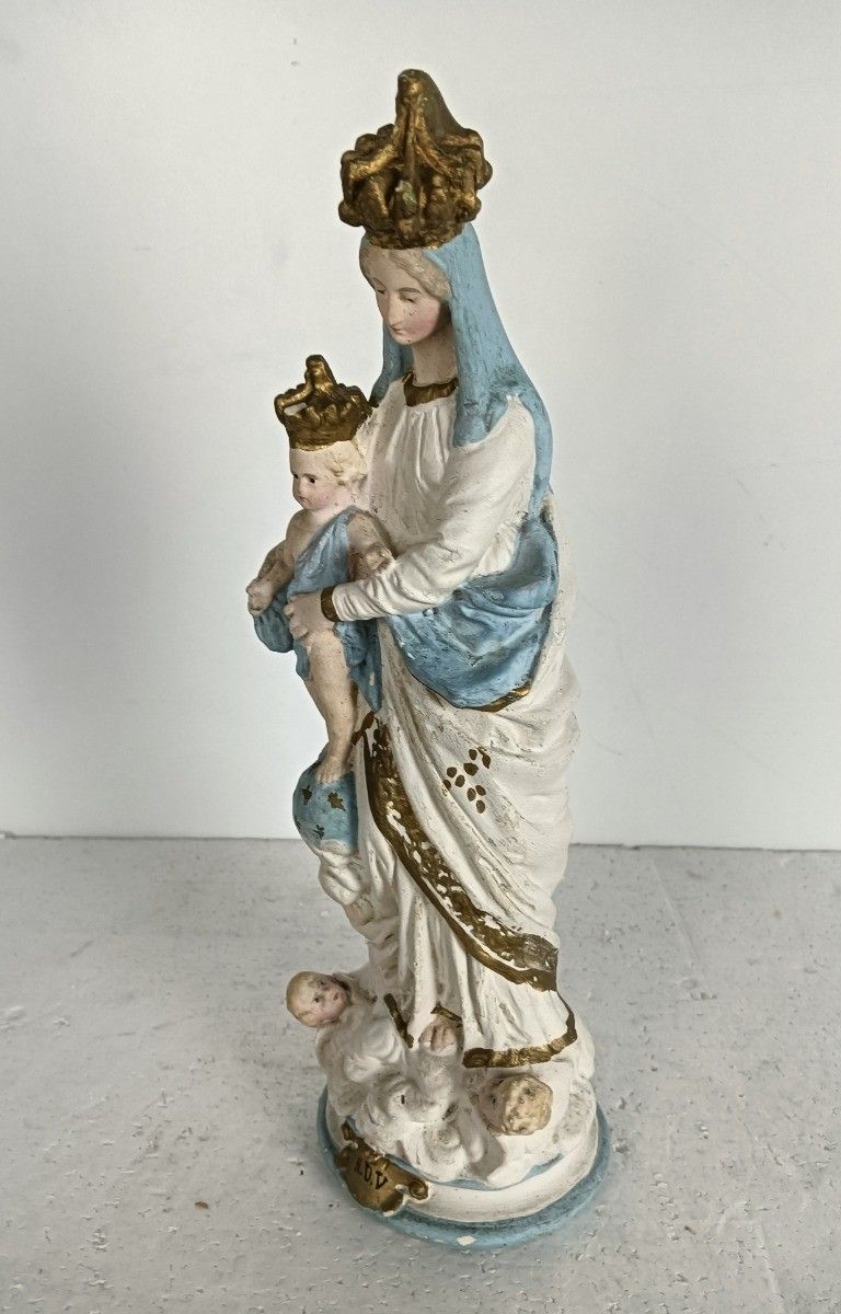 Antique Neo Gothic Statue Plaster Polychrome Our Lady Of Victory With Infant Jes photo vintage
