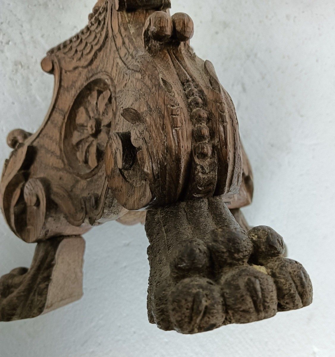 Antique Large Candle Stick Neo Gothic Carved Wood Candle Holder Ornate Lion Feet photo vinterior