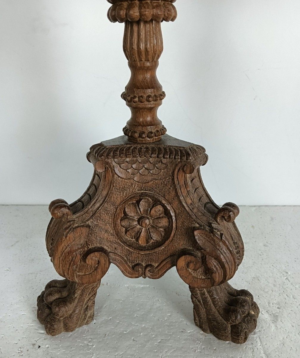 449.0 Antique Large Candle Stick Neo Gothic Carved Wood Candle Holder Ornate Lion Feet photo