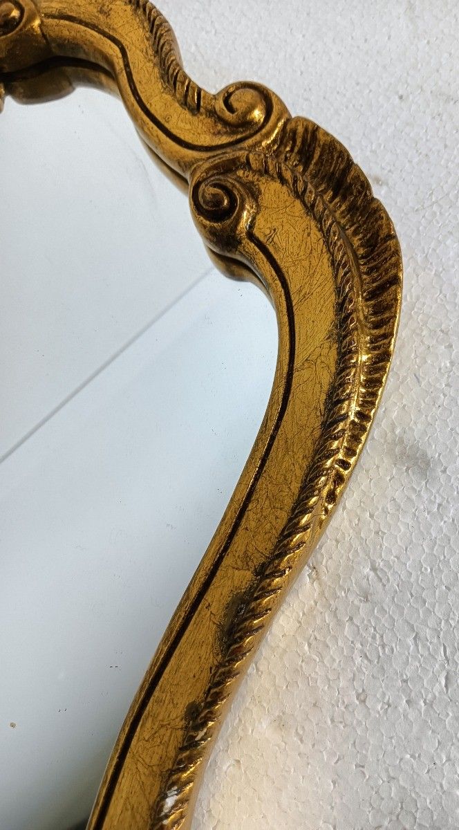 Ornate Wall Mounted Small Console Mirror Hollywood Regency Gold Gilded Plaster O photo vintage