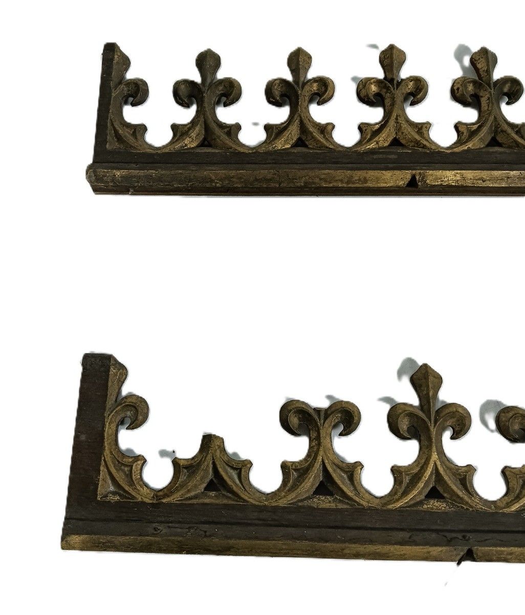 Two Gothic Antique Carved Wooden Pediments Boards Finials French Fleur De Lis Fr photo furniture