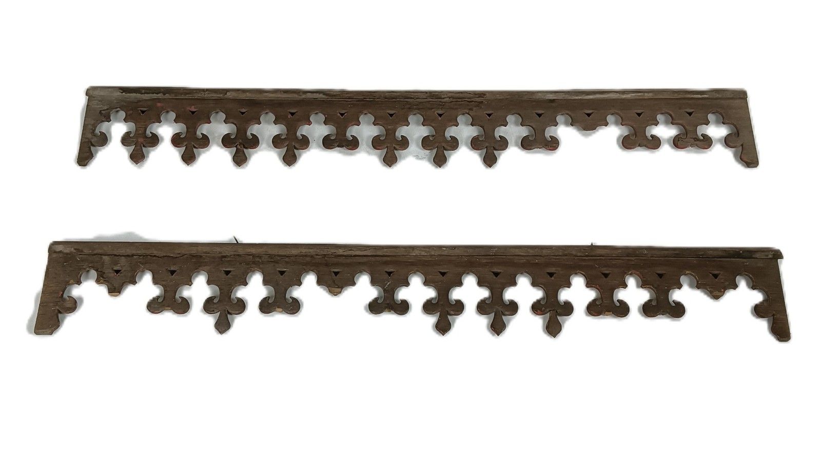 Two Gothic Antique Carved Wooden Pediments Boards Finials French Fleur De Lis Fr photo for sale