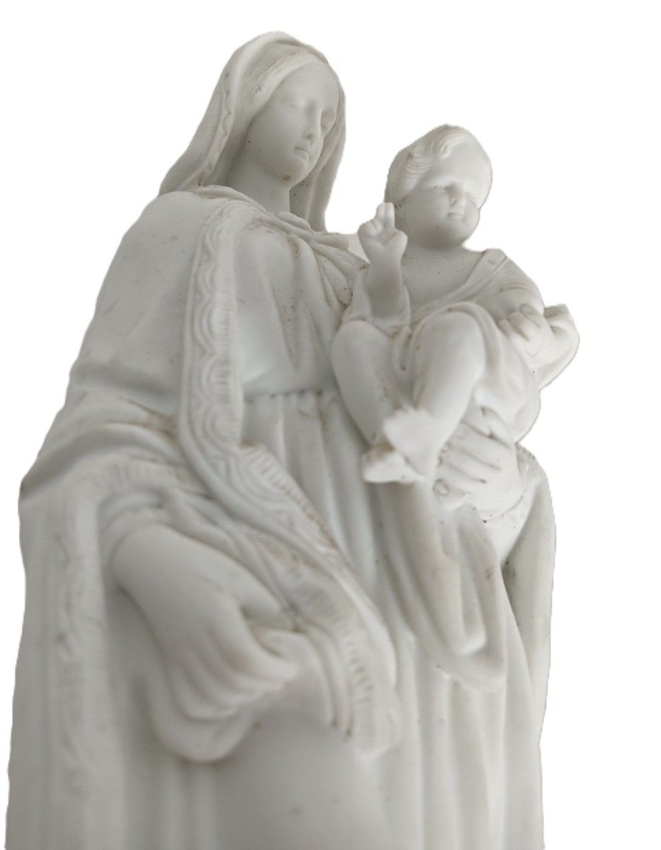French Antique 1900 Bisque Statue Virgin Mary Our Lady Infant Jesus Exquisite Po photo Art