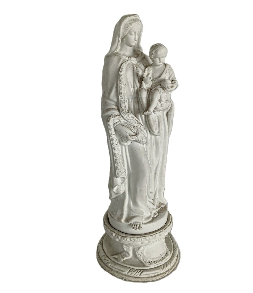 French Antique 1900 Bisque Statue Virgin Mary Our Lady Infant Jesus Exquisite Po photo vintage