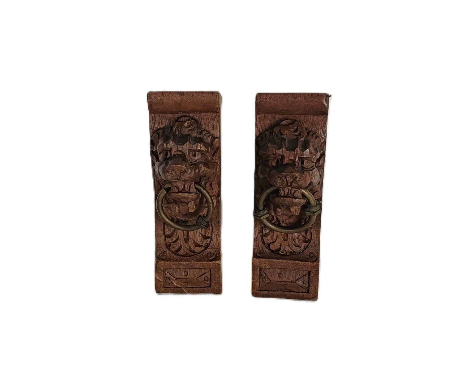 Antique Pair Corbels Hand Carved Wood Architectural Reclaimed Lion Heads Trims R