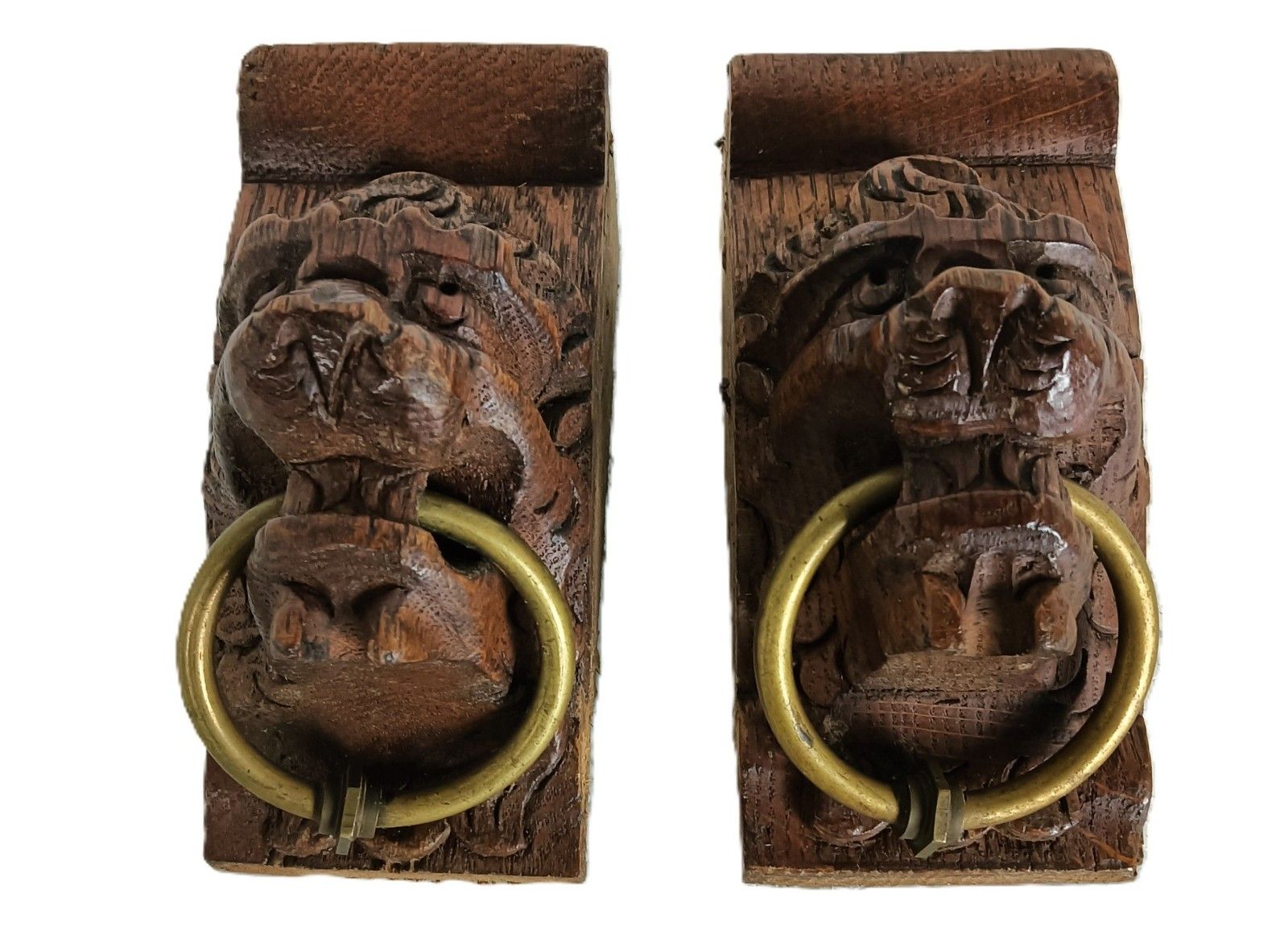 photo furniture Antique Pair Corbels Hand Carved Wood Architectural Reclaimed Lion Heads Trims W