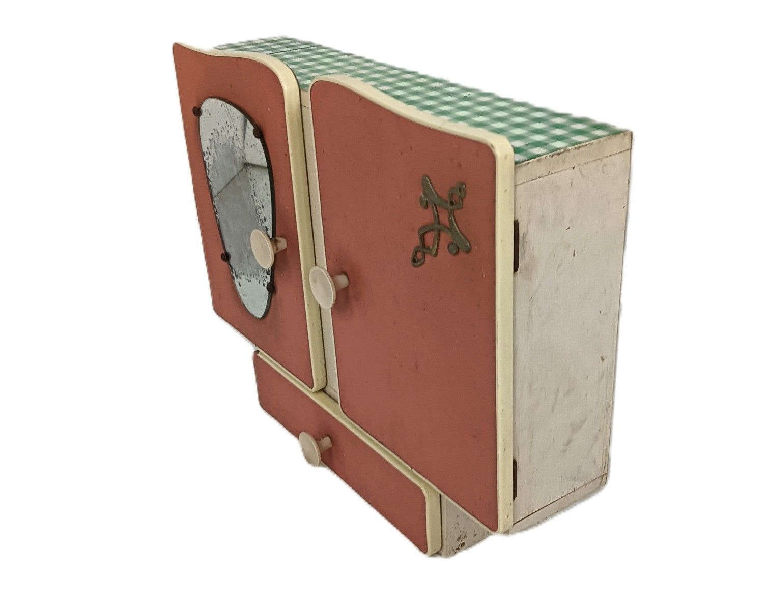 Vintage Modernist Pop Art Medicine Apothecary Hanging Cabinet Painted Pink photo for sale