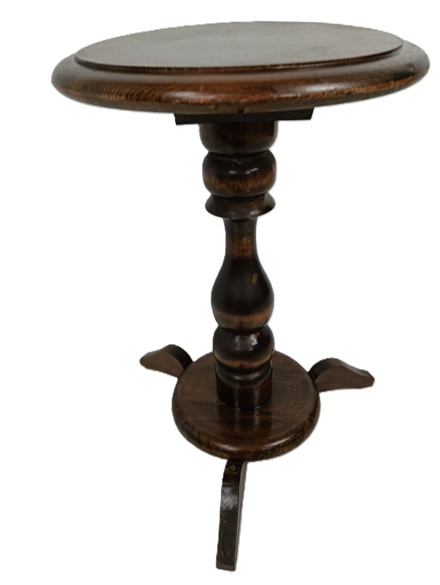 Vintage Small Pedestal Plant Stand Side Table Carved Wood Barn Style photo furniture