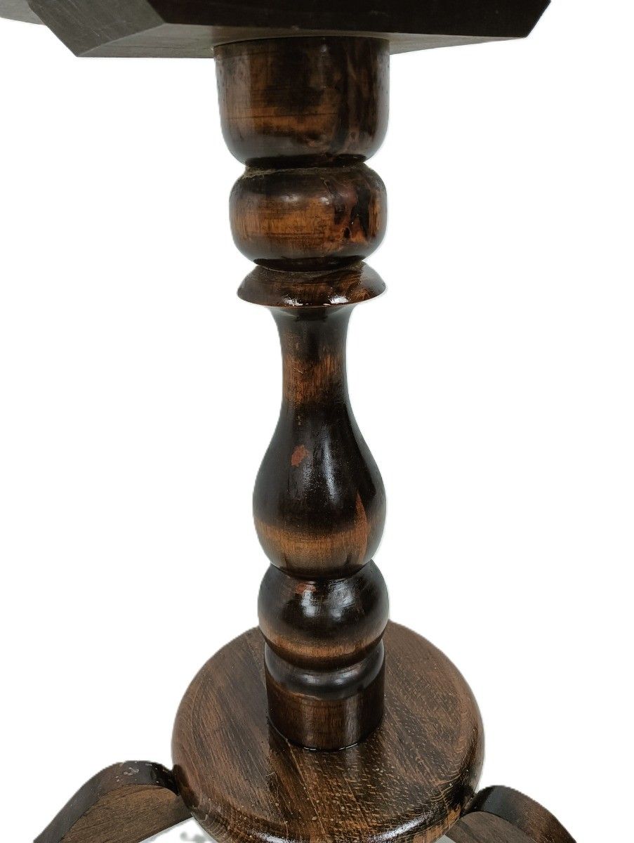 Vintage Small Pedestal Plant Stand Side Table Carved Wood Barn Style photo vintage