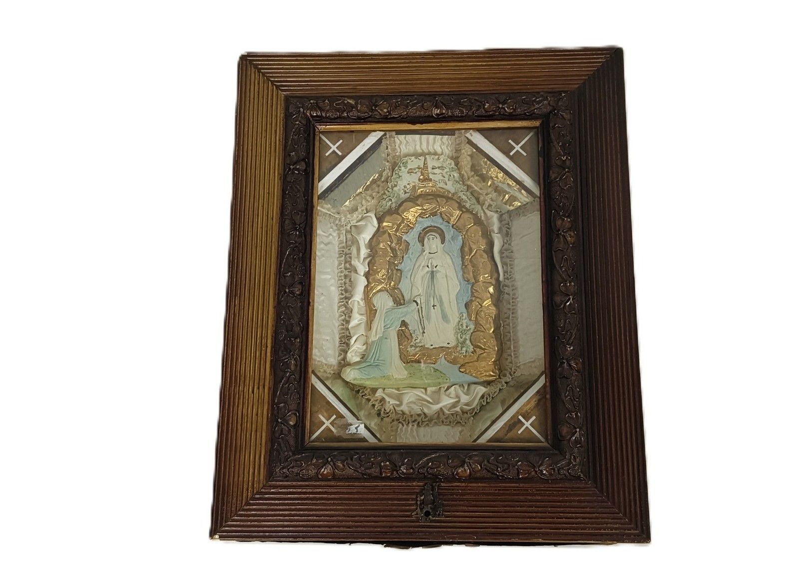Antique Shadow Box Wall Hanging Folk Art Wooden Frame Lourdes Bernadette