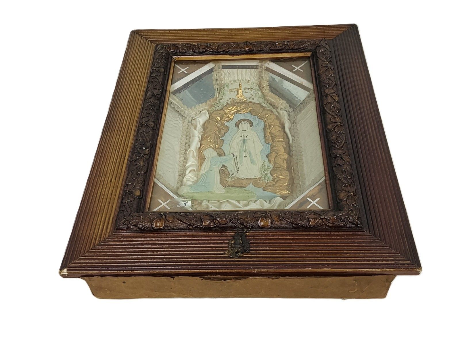 Antique Shadow Box Wall Hanging Folk Art Wooden Frame Lourdes Bernadette photo furniture