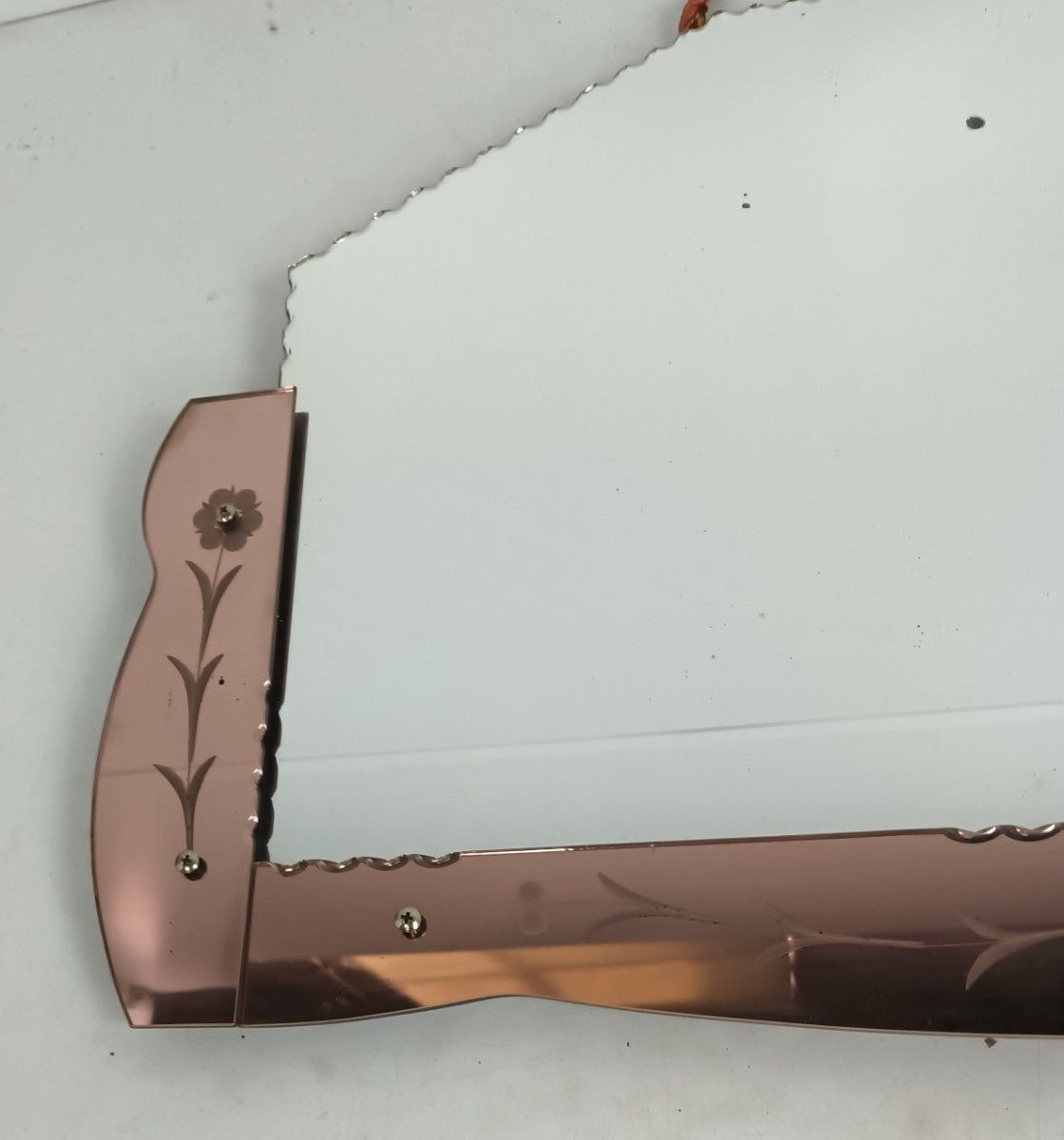 Art Nouveau Mirror Pink Edges Venetian  Cut To Clear Glass Art Deco Flower Decor photo for sale
