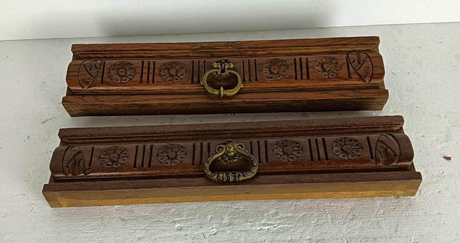 Pair Front Of Drawers Trims Pediments Ornate Carved Wood Antique Reclaimed Archi