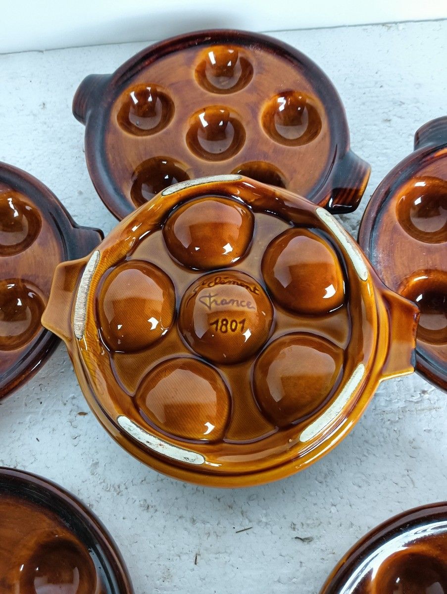 Set Of 6 French Escargots Snail Plates Dishes Terra Cotta Bourguignonne France M photo furniture