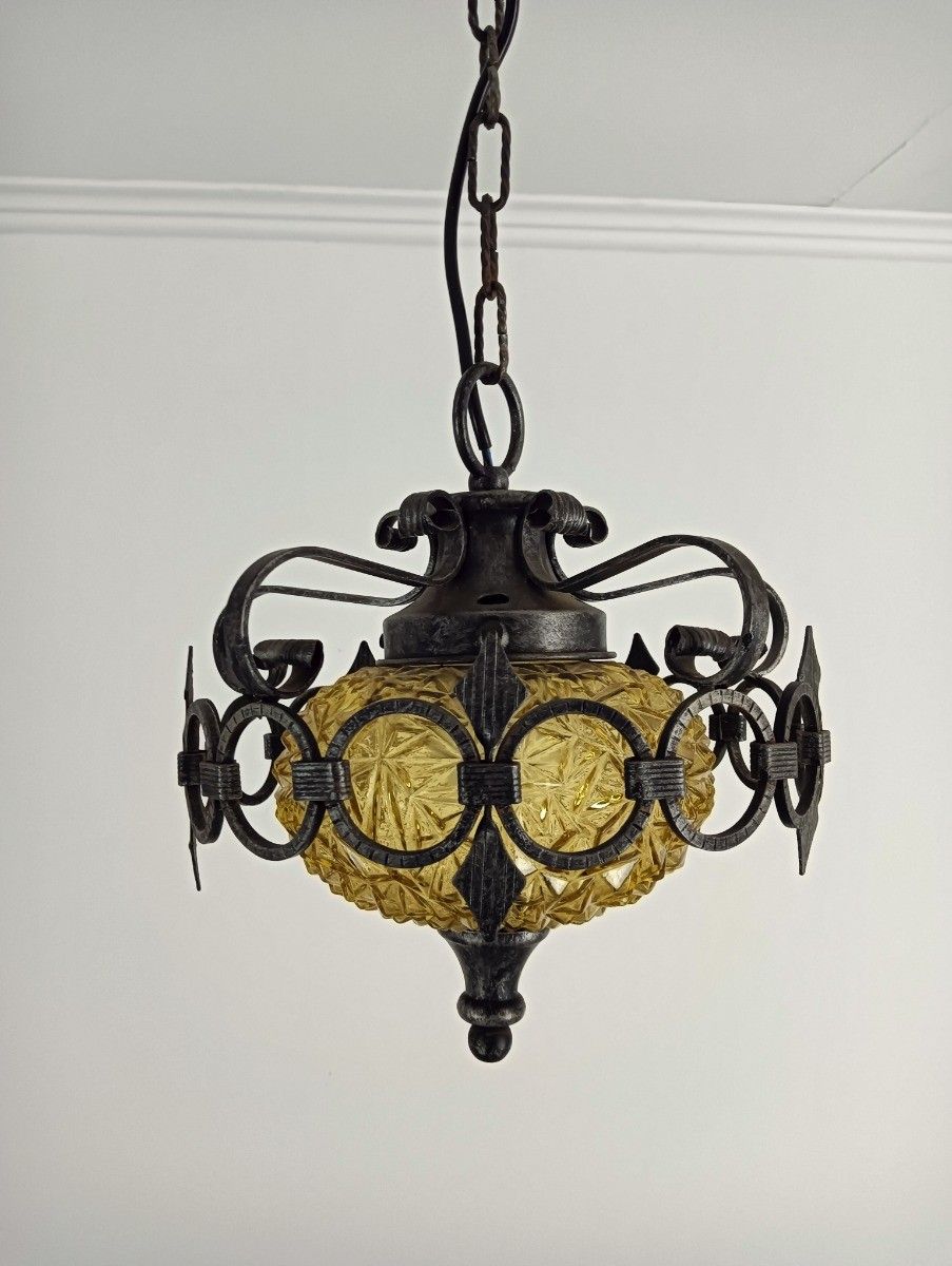 Amber Glass Light Bubbled Glass Pendant Shade Wrought Iron Vintage photo vinterior