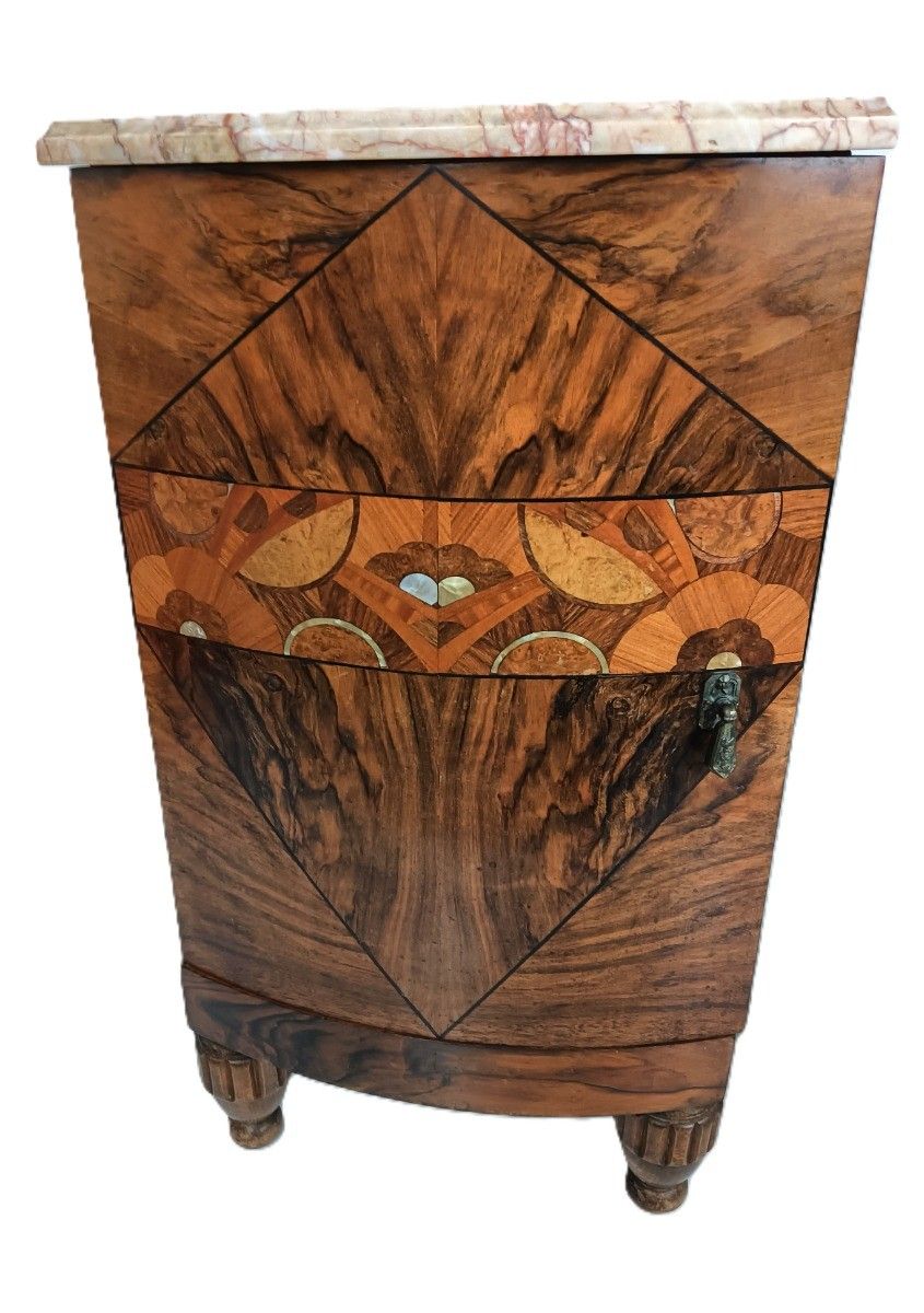 Antique Art Deco Couple Nightstands End Tables Wood Marble Inlay Mother Of Pearl photo vinterior