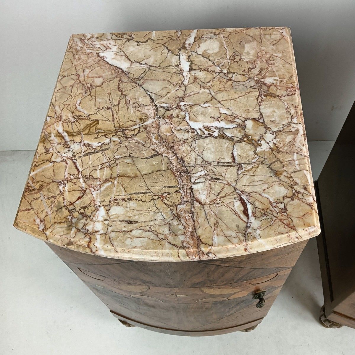 photo furniture Antique Art Deco Couple Nightstands End Tables Wood Marble Inlay Mother Of Pearl