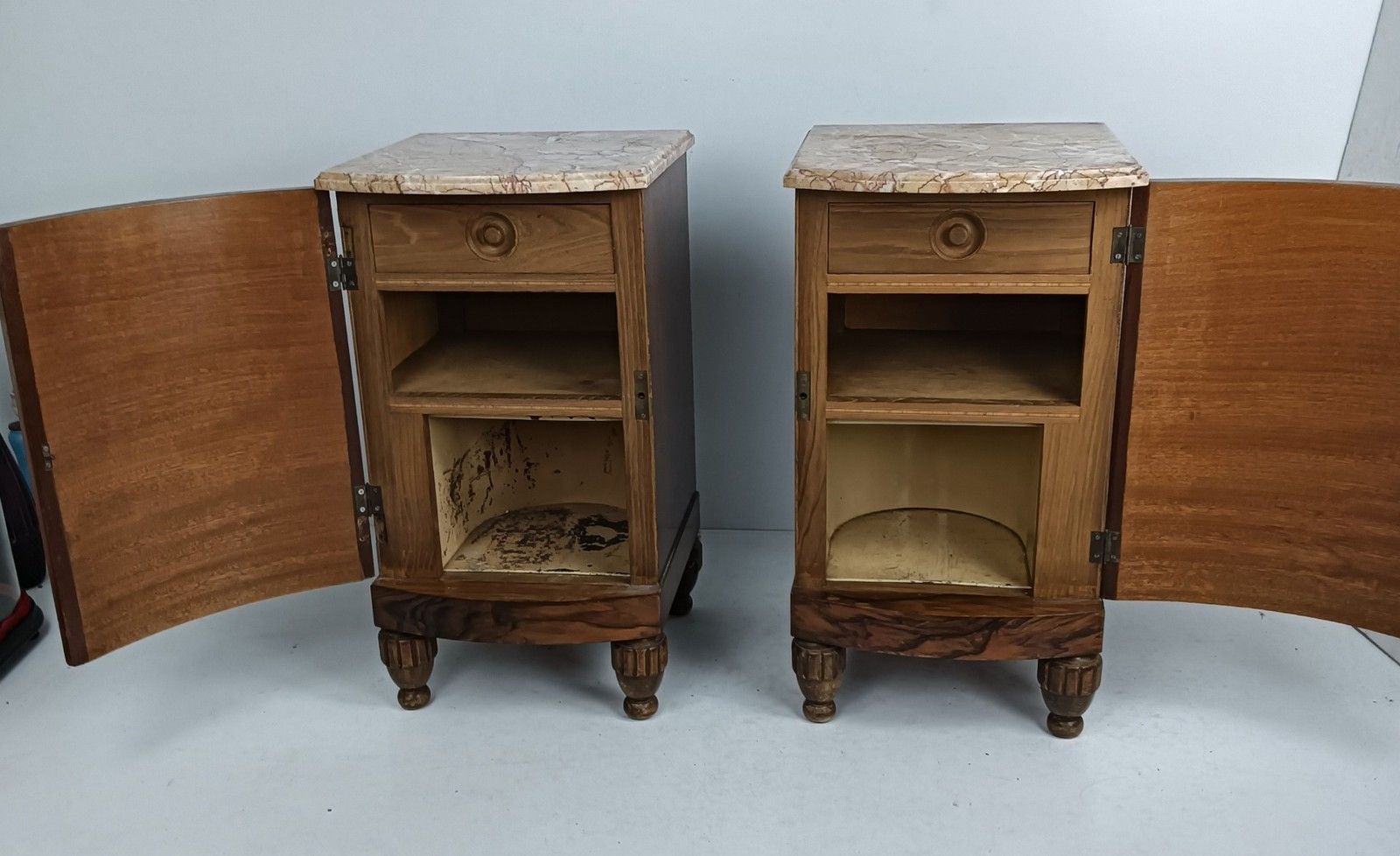 Furniture Antique Art Deco Couple Nightstands End Tables Wood Marble Inlay Mother Of Pearl photo
