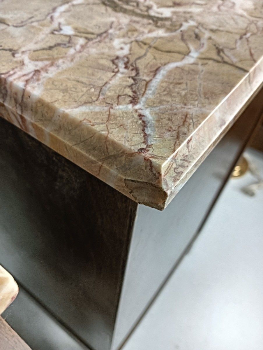 2692.0 Antique Art Deco Couple Nightstands End Tables Wood Marble Inlay Mother Of Pearl photo